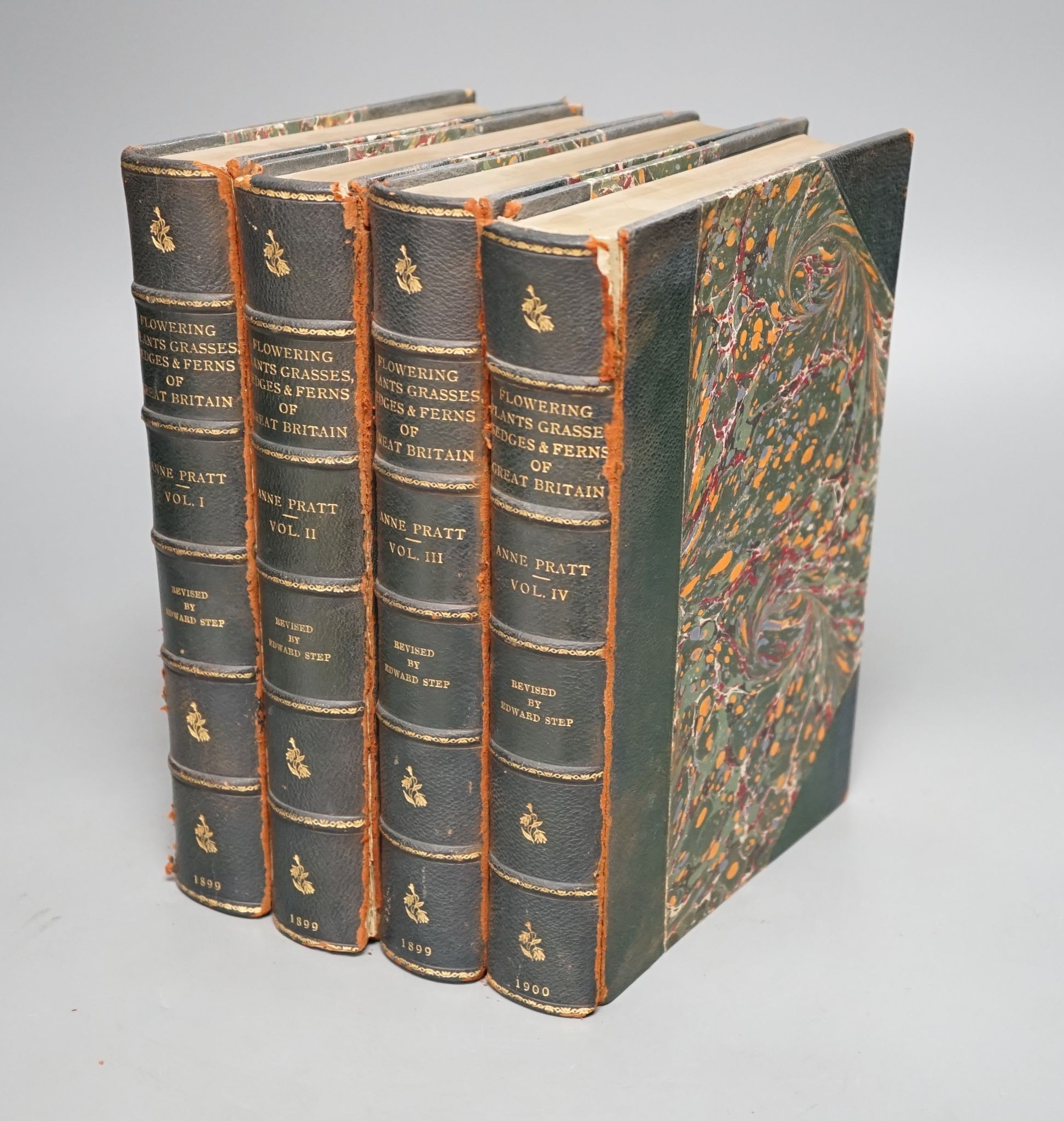 Pratt, Anne - the Flowering Plants, Grasses, Sedges and Ferns of Great Britain.....new edition revised by Edward Step, 4 vols many colour printed plates, contemp. half morocco and marbled boards, gilt panelled spines, gi